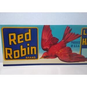 Red Robin Brand Fruit Crate Label 1950's Original Flying Bird Artwork Vintage